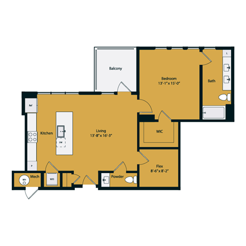 Floor plan for 1 bed, 1.5 baths, 987 sqft